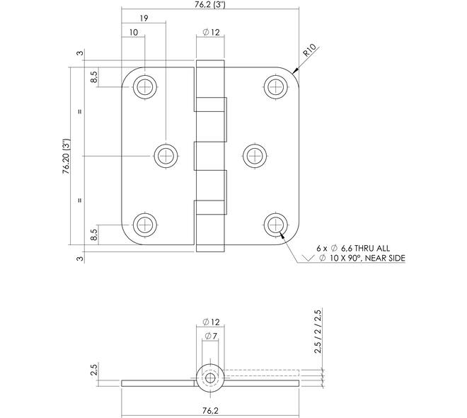 Kogellagerscharnier afgerond 3" (76x76x2,5mm) rvs zwart