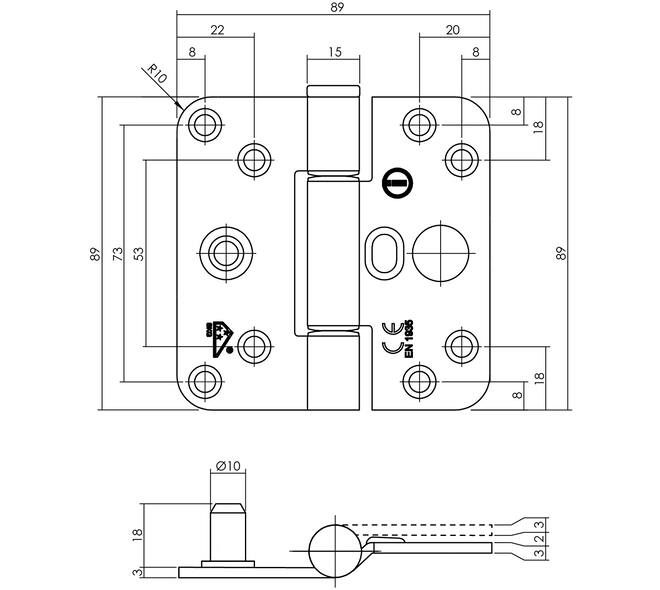SKG3 glijlagerscharnier afgerond 89x89x3 DIN links CE (EN1935: 2002) zwart - Geen schroeven toegevoegd.
