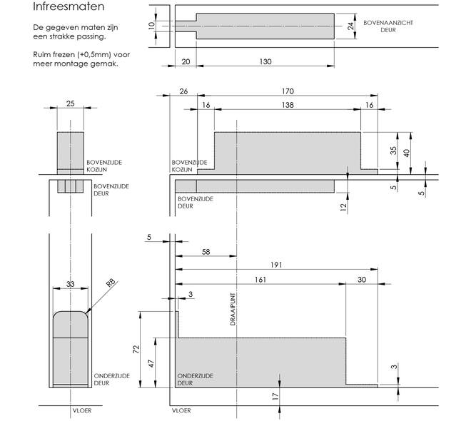 Taatsscharnier 158x47x33mm tbv houten deuren, afdekkappen zwart