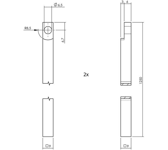 Set kruk-espagnolet rechts L-recht incl stangenset 2x 1245mm rvs zwart