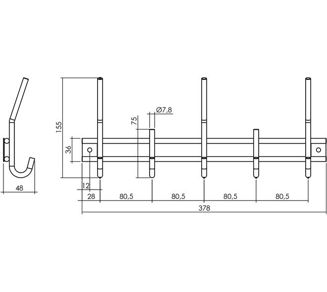 Garderobe rek 378x155mm met 5 haken zwart