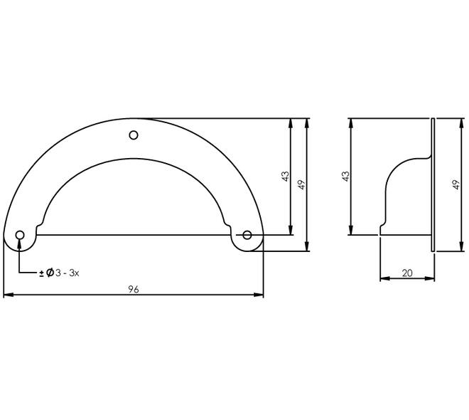 Komgreep geperst 96x43mm zwart