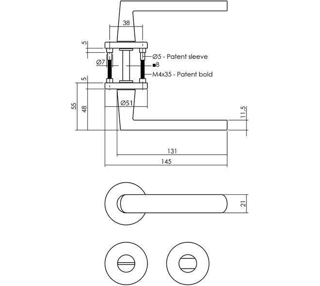 Deurkruk Sora met rozet verdekt ø51x5mm met nokken en WC-sluiting met stift 8x8mm grijs