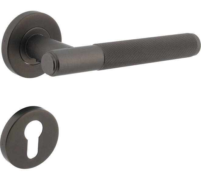 Deurkruk Rombo op rozet verdekt ø53x8mm met nokken en cilinderrozetten antraciet grijs