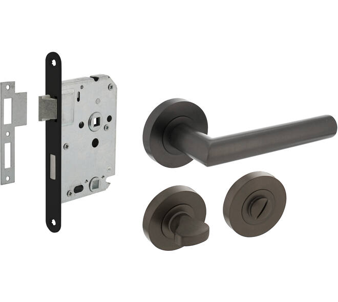 Set toiletslot 63/8 zwart met deurkruk Bastian op rozet ø52x10mm en WC-sluiting antraciet grijs