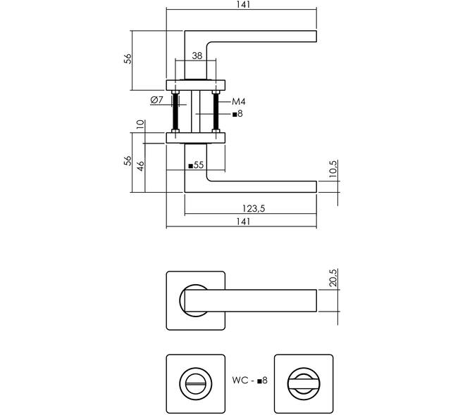 Deurkruk Hera op rozet verdekt 55x55x10mm met nokken en WC-sluiting met stift 8x8mm antraciet grijs