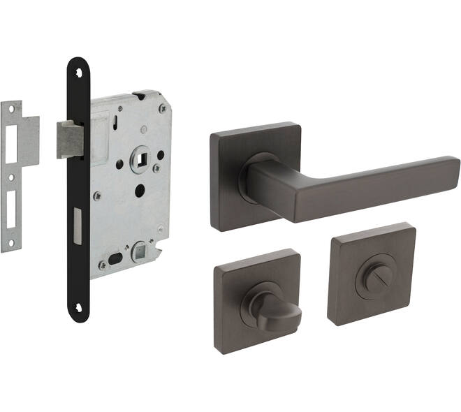 Set toiletslot 63/8mm zwart met deurkruk Hera op rozet 55x55mm en WC-sluiting antraciet grijs