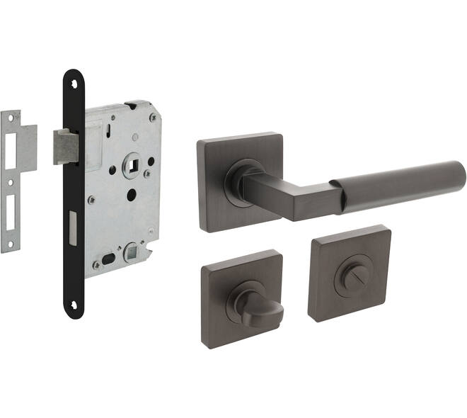 Set toiletslot 63/8mm zwart met deurkruk Baustil op rozet 55x55mm en WC-sluiting antraciet grijs