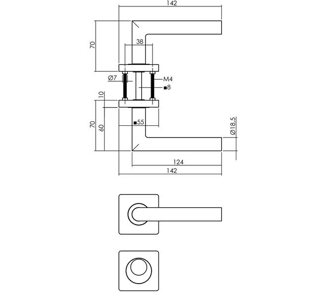 Deurkruk Bastian op rozet verdekt 55x55x10mm met nokken en rondcilinderrozetten antraciet grijs
