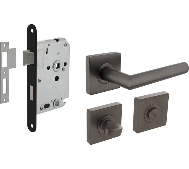 Set toiletslot 63/8mm zwart met deurkruk Bastian op rozet 55x55mm en WC-sluiting antraciet grijs