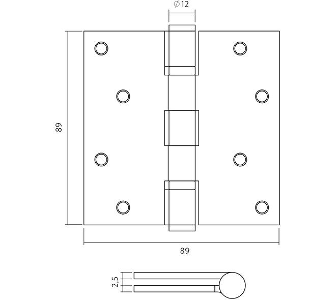 Kogellagerscharnier recht 3,5" (89x89x2,5mm) CE inclusief schroeven PVD antraciet