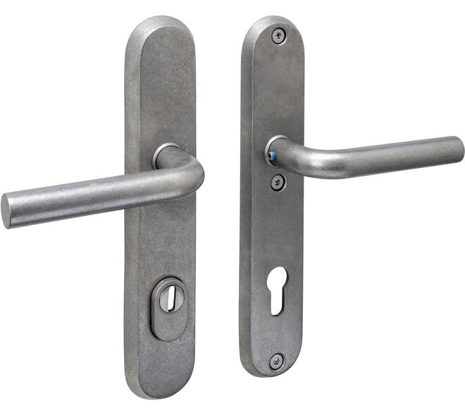 SKG3 veiligheidsbeslag ovaal 250x50mm kruk/kruk Luzern met veerconstructie profielcilindergat 92mm met kerntrekbeveiliging rvs getrommeld