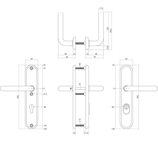 SKG3 veiligheidsbeslag ovaal 250x50mm kruk/kruk Luzern met veerconstructie profielcilindergat 92mm met kerntrekbeveiliging rvs getrommeld