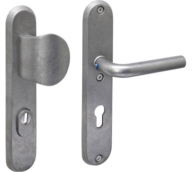 SKG3 veiligheidsbeslag ovaal 250x50mm greep/kruk Luzern met veerconstructie profielcilindergat 72mm met kerntrekbeveiliging rvs getrommeld