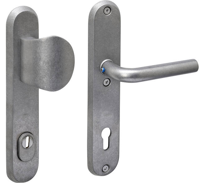 SKG3 veiligheidsbeslag ovaal 250x50mm greep/kruk Luzern met veerconstructie profielcilindergat 92mm met kerntrekbeveiliging rvs getrommeld