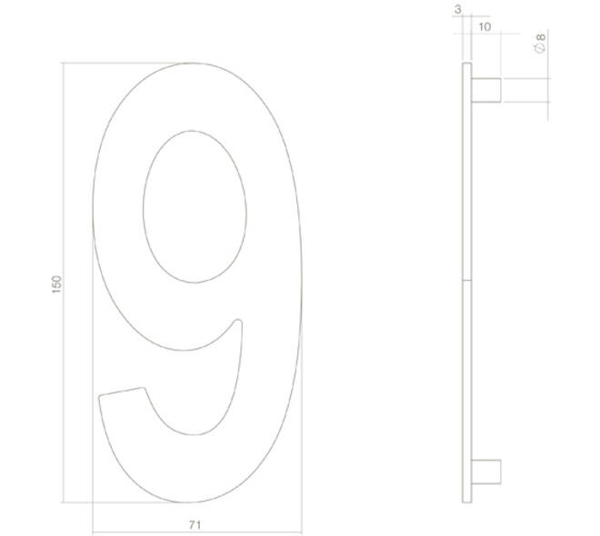 Huisnummer 9 150mm rvs getrommeld