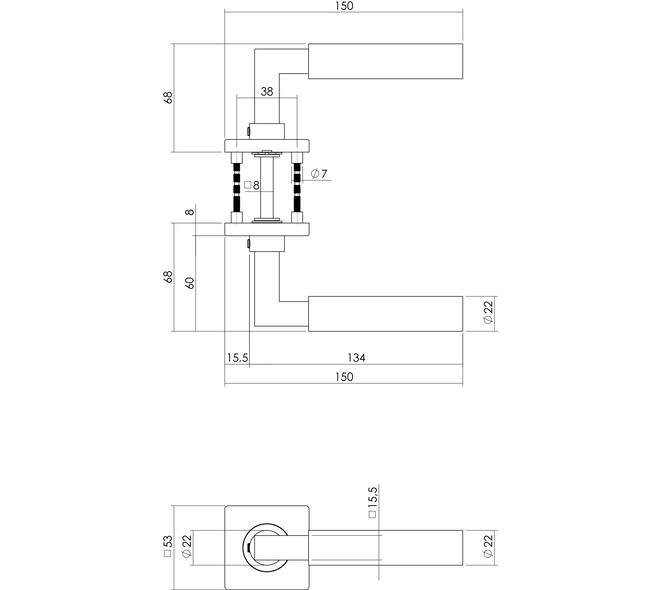 Deurkruk Baustil op rozet verdekt 53x53x8mm met nokken en sleutelrozetten rvs