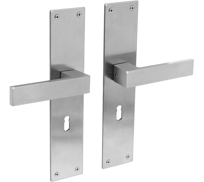 Deurkruk Amsterdam met schild rechthoekig 250x55x2mm sleutelgat 56mm rvs