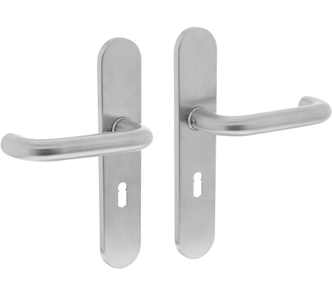Deurkruk Rond op schild verdekt ovaal 220x42mm sleutelgat 56mm rvs