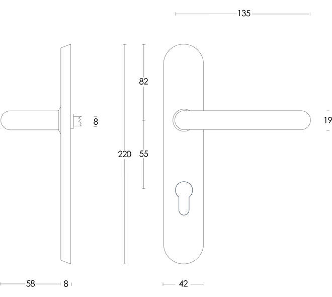 Deurkruk Rond op schild verdekt ovaal 220x42mm profielcilindergat 55mm rvs