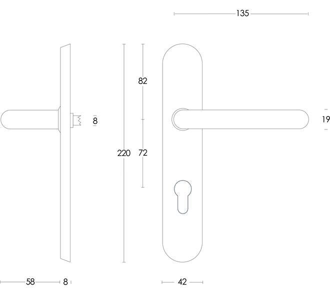 Deurkruk Rond op schild verdekt ovaal 220x42mm profielcilindergat 72mm rvs