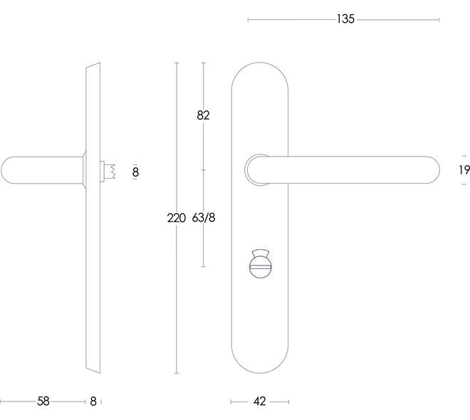 Deurkruk Rond op schild verdekt ovaal 220x42mm wc 63/8mm rvs