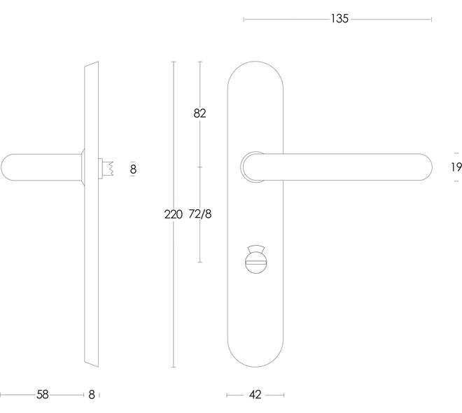 Deurkruk Rond op schild verdekt ovaal 220x42mm wc 72/8mm rvs
