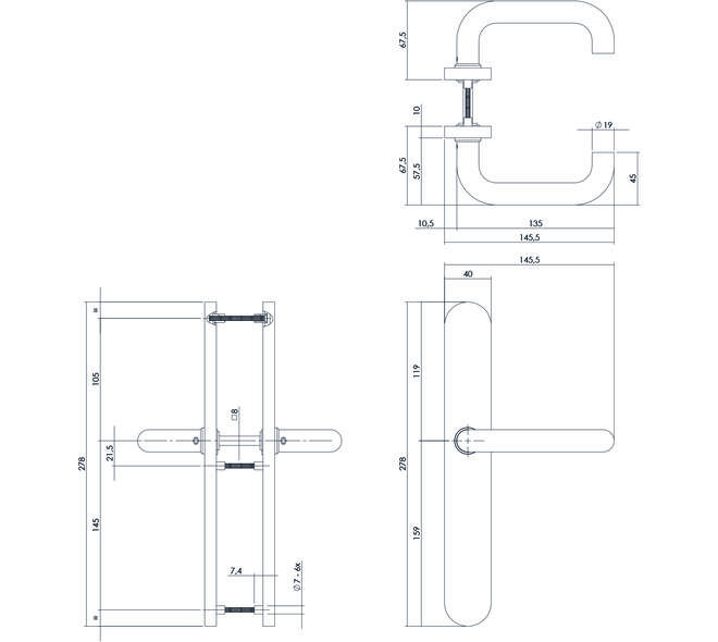 Deurkruk Rond op XL schild verdekt ovaal 278x40mm blind rvs