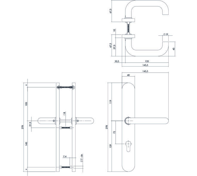 Deurkruk Rond op XL schild verdekt ovaal 278x40mm profielcilindergat 72mm rvs