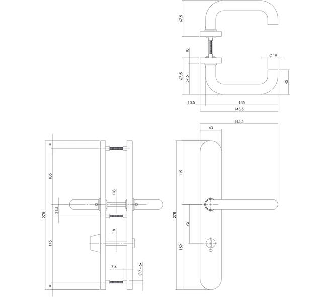 Deurkruk Rond op XL schild verdekt ovaal 278x40mm wc 72/8mm rvs
