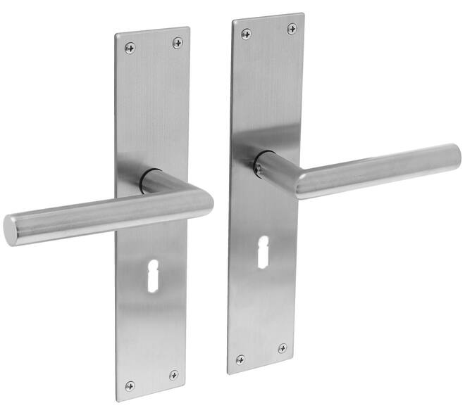 Deurkruk Jura met schild rechthoekig 250x55x2mm sleutelgat 56mm rvs