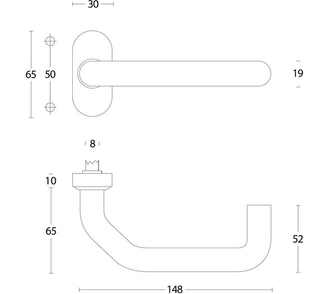 Deurkruk Verkropt op rozet verdekt ovaal 65x30x10mm rvs