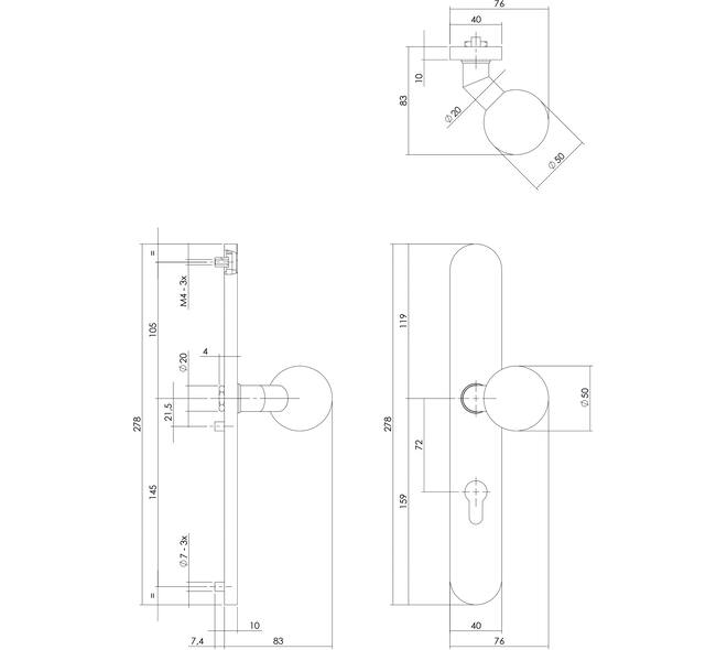 Knopschild ovaal verdekt XL rechts 278x40x10mm met nokken en vaste knop bol/schuin profielcilindergat 72mm rvs
