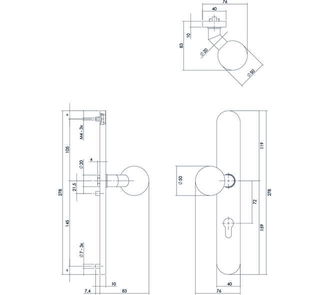 Knopschild ovaal verdekt XL links 278x40x10mm met nokken en vaste knop bol/schuin profielcilindergat 72mm rvs