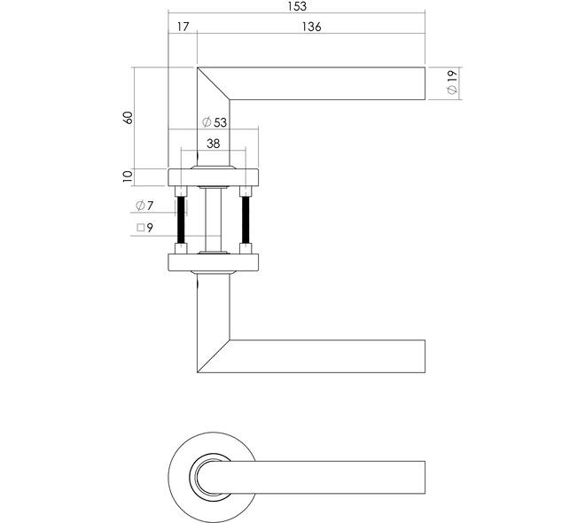 Deurkruk Jura brandvertragend 9mm op rozet verdekt ø53x10mm met nokken en cilinderrozetten rvs