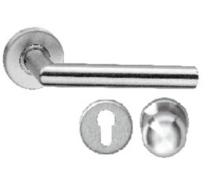 Knop/kruk garnituur Jura brandvertragend op rozet verdekt ø53x10mm met nokken en cilinderrozetten rvs