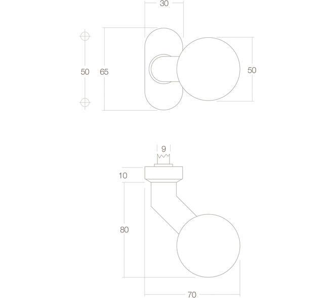 Knopkruk Bol brandvertragend 9mm op rozet verdekt ovaal 65x30x10mm rvs