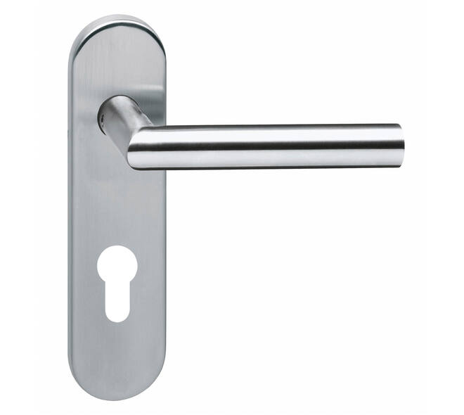 Deurkruk Jura brandvertragend met stift 9x9mm op schild verdekt ovaal 176x46mm profielcilindergat 72mm rvs