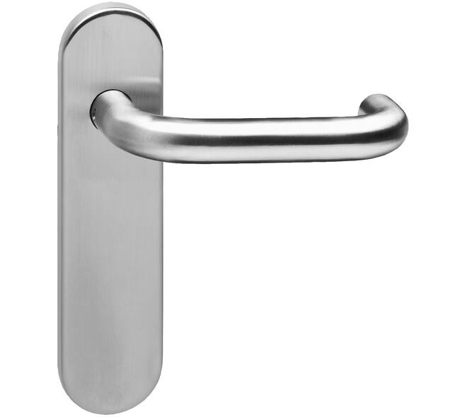 Deurkruk Rond brandvertragend met stift 9x9mm op schild verdekt ovaal 176x46mm blind rvs