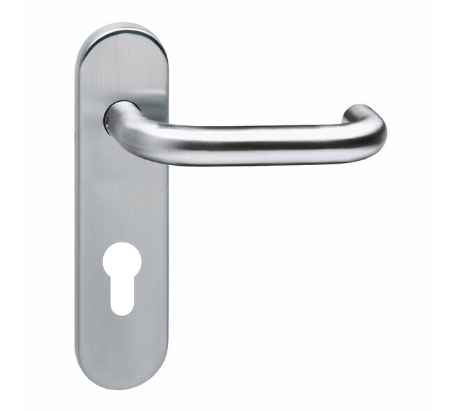 Deurkruk Rond brandvertragend met stift 9x9mm op schild verdekt ovaal 176x46mm profielcilindergat 72mm rvs