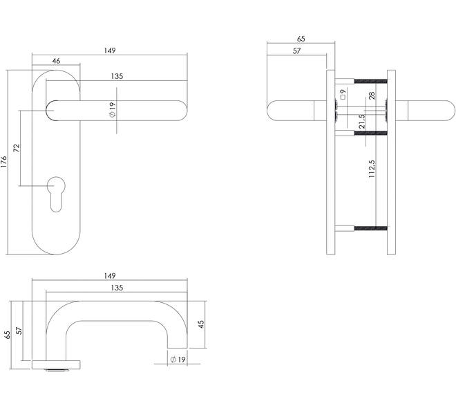 Deurkruk Rond brandvertragend met stift 9x9mm op schild verdekt ovaal 176x46mm profielcilindergat 72mm rvs