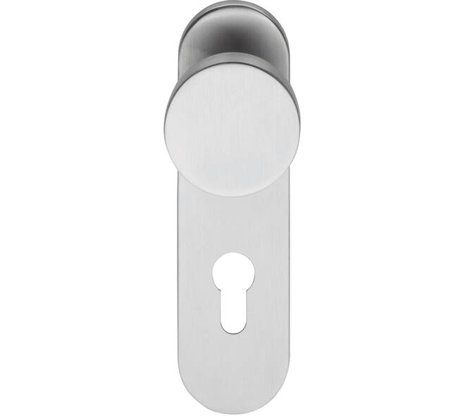 Knopschild ovaal verdekt brandvertragend 170x47x8mm met vaste knop plat en wisselstift 9mm profielcilindergat 72mm rvs
