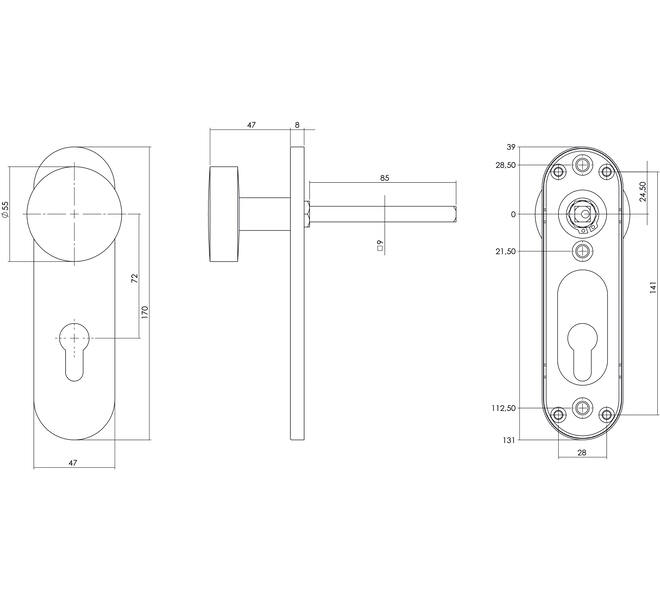 Knopschild ovaal verdekt brandvertragend 170x47x8mm met vaste knop plat en wisselstift 9mm profielcilindergat 72mm rvs