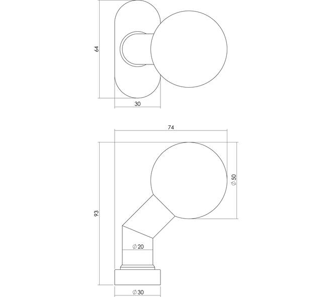 Knoprozet verdekt brandvertragend ovaal 65x30x10mm met vaste knop bol/schuin rvs