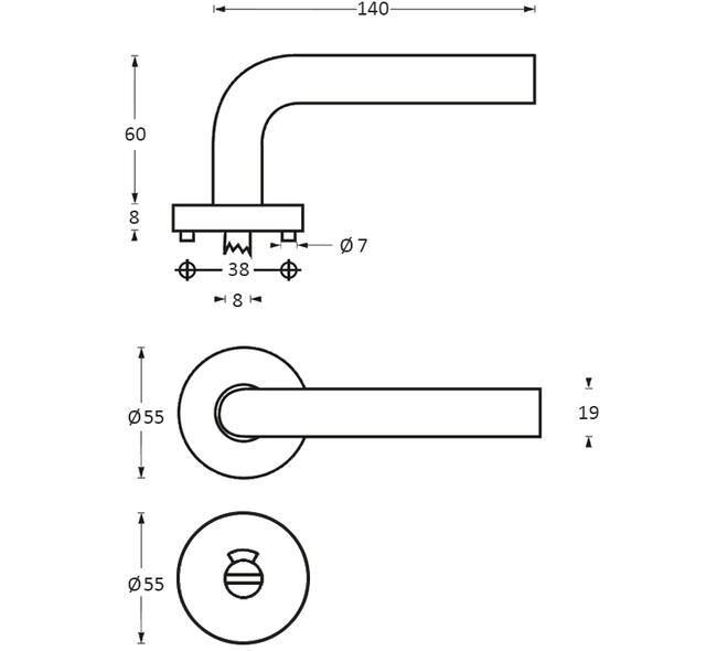 Deurkruk Half rond/90°op rozet verdekt ø55x8mm met nokken en WC-sluiting met stift 8x8mm rvs