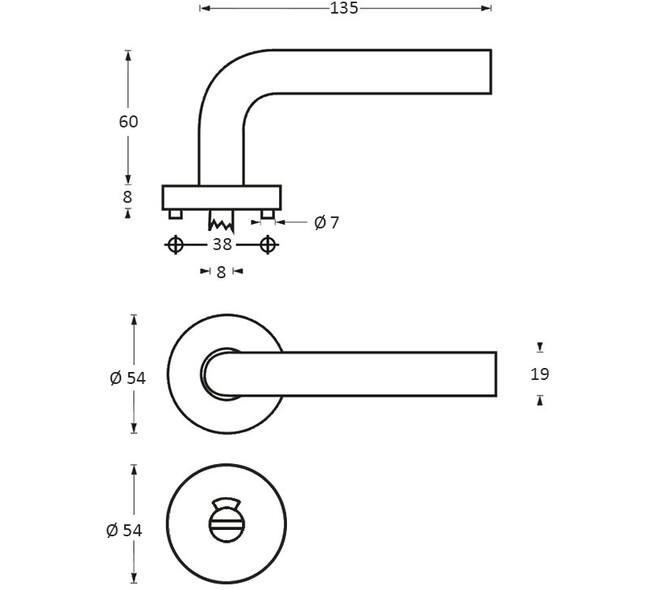 Deurkruk Lisa/90° op rozet verdekt ø55x8mm met nokken en WC-sluiting met stift 8x8mm rvs