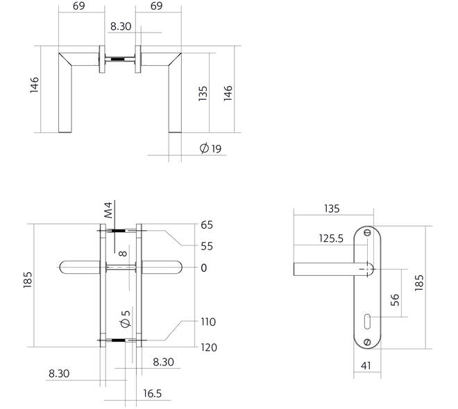Deurkruk Jura basic op schild ovaal 185x41mm sleutelgat 56mm rvs