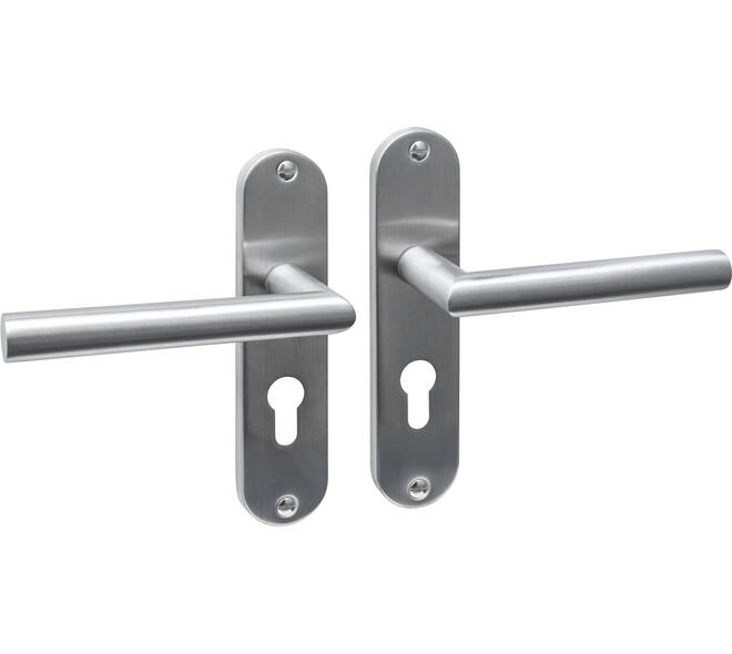 Deurkruk Jura basic op schild ovaal 185x41mm profielcilindergat 55mm rvs