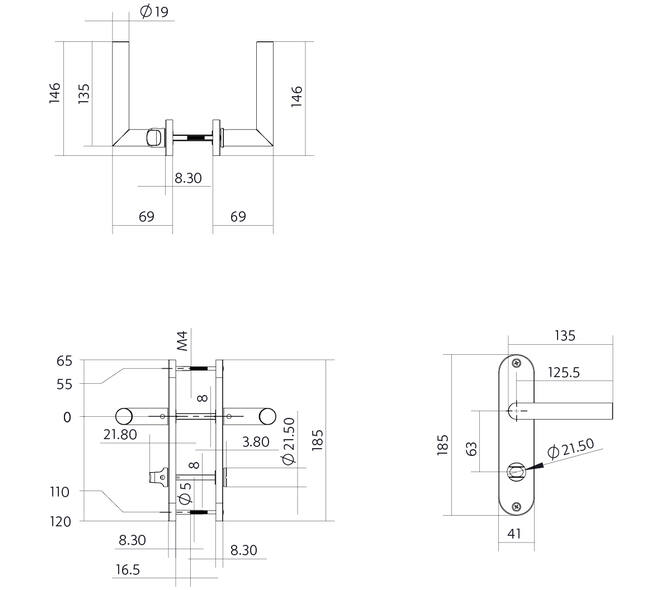 Deurkruk Jura basic op schild ovaal 185x41mm wc 63/8mm rvs