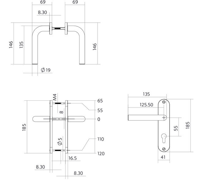 Deurkruk Luzern basic op schild ovaal 185x41mm profielcilindergat 55mm rvs